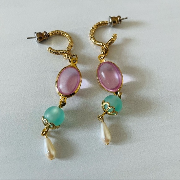 Gold Drop Earrings- Gemstone and Faux Pearl- Pierced Ears- Costume Jewelry - Picture 2 of 4